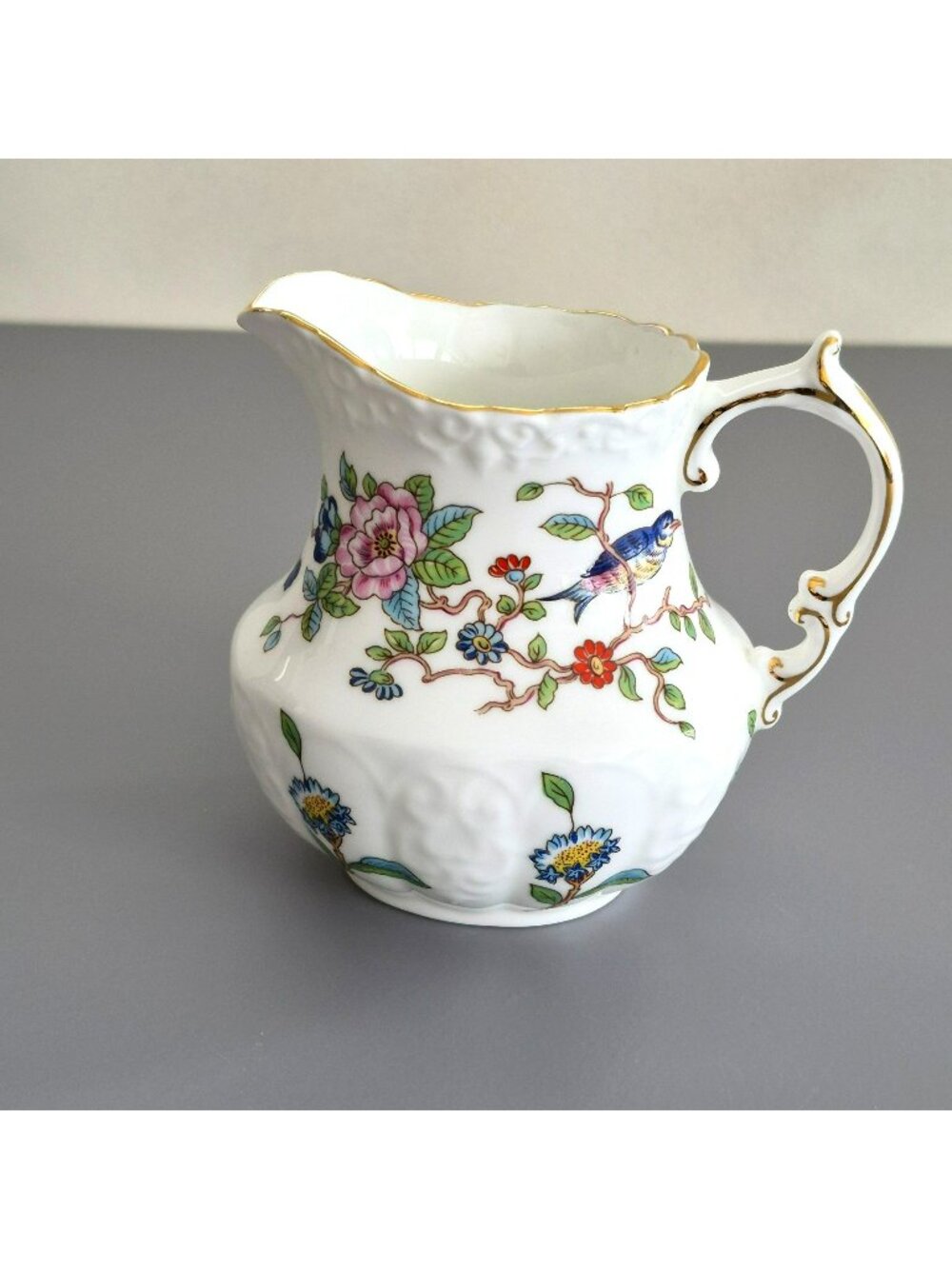 Aynsley Pembroke Creamer Pitcher Jug, 8fl. oz. Bird & Floral Gold Trim, Colorful